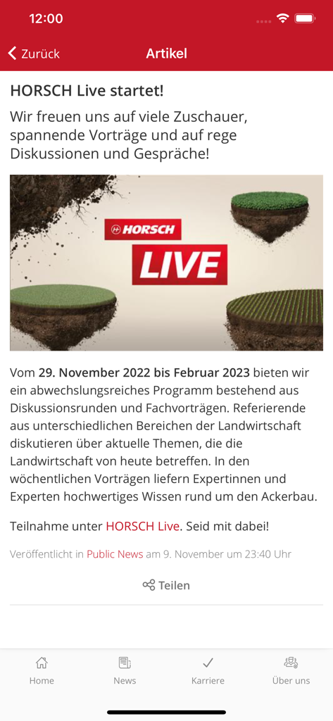 Inside HORSCH - Nachrichtenartikel in der Inside HORSCH App bezüglich des HORSCH Live Events