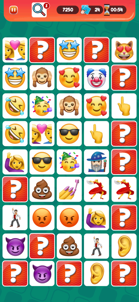 Picture Match: Memorama - A grid of emoji memory cards in the Picture Match Memorama mobile game