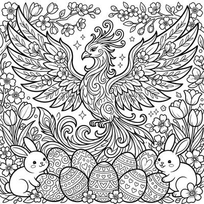 Celebrate spring and Easter with this captivating coloring page featuring a magnificent golden phoenix amidst cheerful bunnies and beautifully decorated eggs. Dive into a world of myth and springtime joy as you bring this intricate scene to life with your favorite colors.