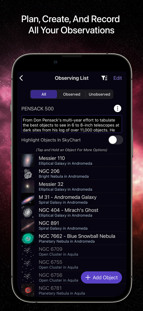 SkySafari 7 Pro - SkySafari 7 Pro app interface showing a detailed observing list with galaxies and nebulae for amateur astronomers