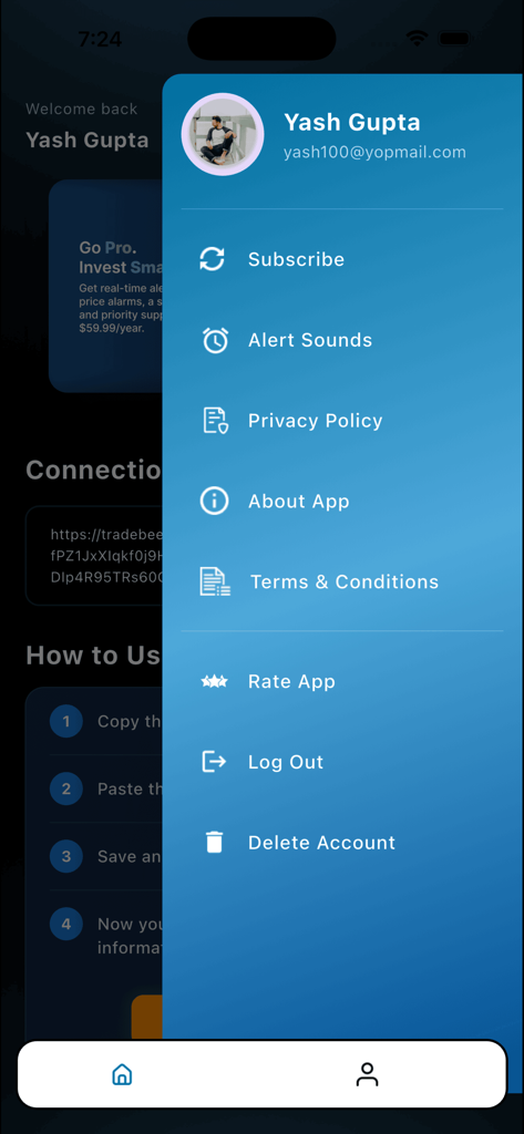 TradeBeep: Smart Trading Alert - User profile and settings menu in the TradeBeep trading alert app