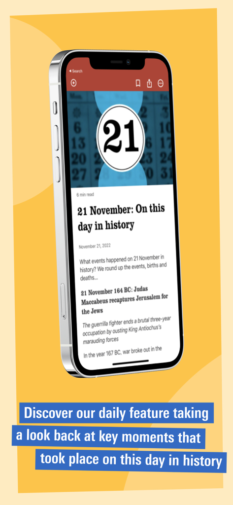 Smartphone exibindo o recurso 'Neste dia na história' dentro do aplicativo History Extra.