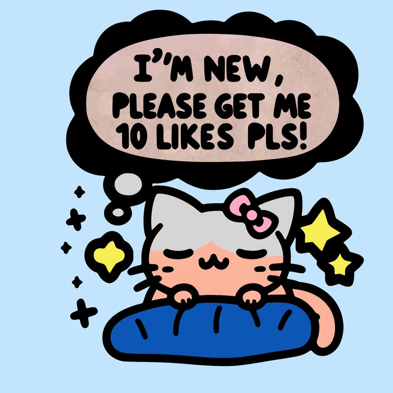 kitty taking a nap dream talking and saying "i'm new, please get me at least 10 likes pls!!"