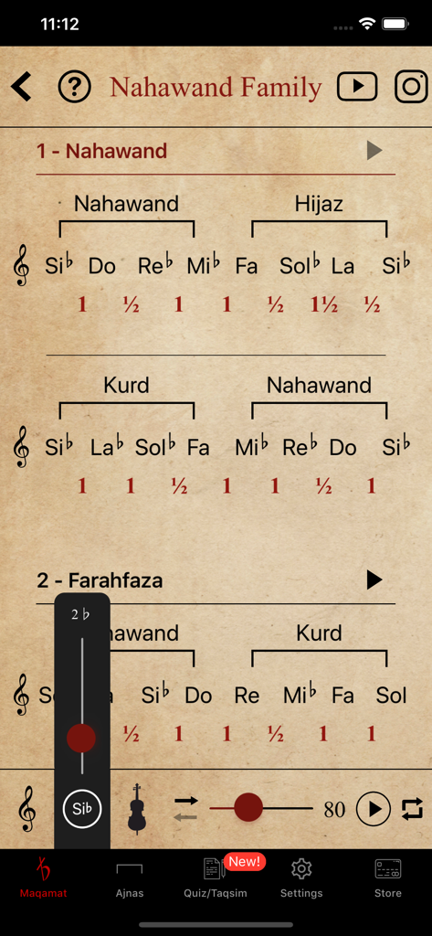 Maqamat Al-Arabiya - Interface of the Maqamat Al-Arabiya app displaying Arabic music theory scales and intervals for the Nahawand family