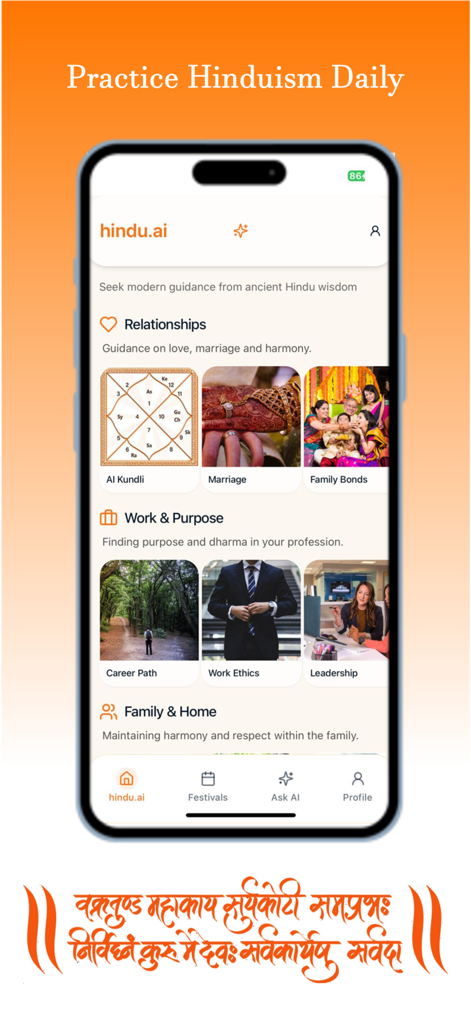Hindu AI - Smartphone screen displaying Hindu AI app with categories for relationships work and family guidance
