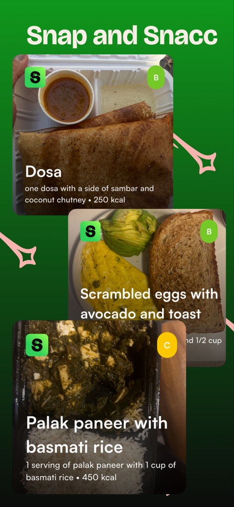 Snacc - Build Healthy Habits - The Snacc app interface showing photo-based meal tracking for healthy eating habits