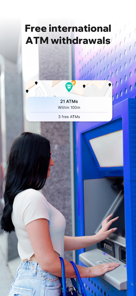 Niyo: Global cards for travel - A woman using an ATM with a map overlay showing nearby free international ATM locations
