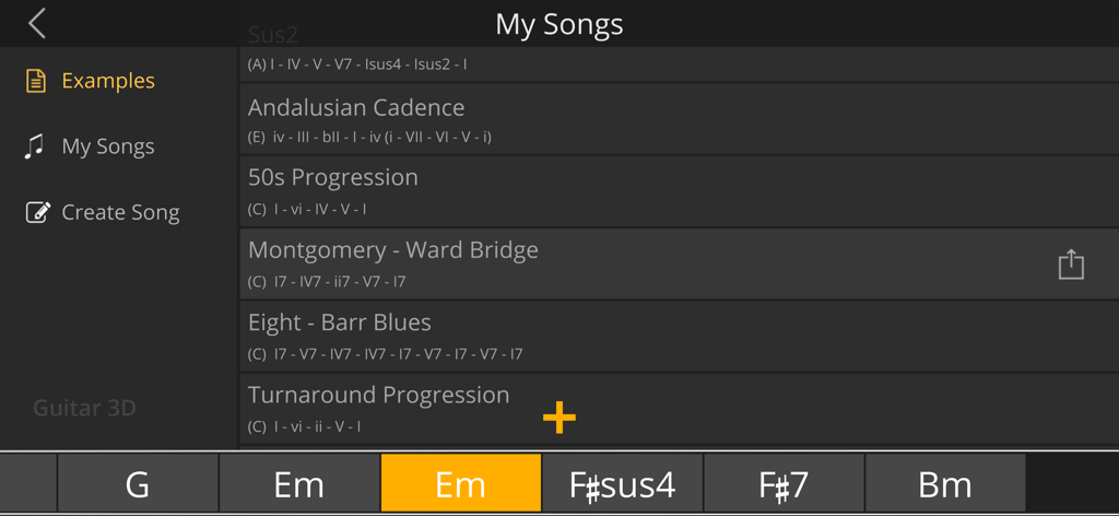 Guitar 3D - Basic Chords - A screen from the Guitar 3D app showing a list of song progression examples and a chord timeline for song creation