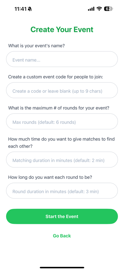 Tribe - Meet Cool People - La pantalla Crear tu evento en la aplicación Tribe con campos de entrada para el nombre del evento, código personalizado, número de rondas y duraciones de reunión.