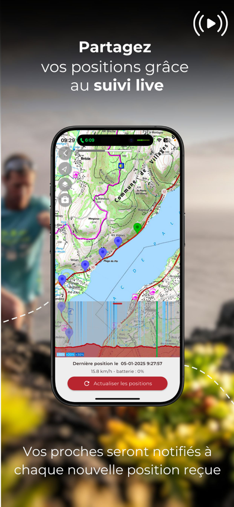 Trail Connect - Trail Connect app showing live tracking feature with GPS locations on a topographic map