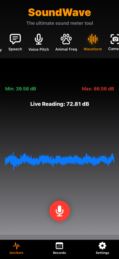 SoundWavesDetector - Interface of the SoundWave app showing real-time decibel measurements and a blue sound waveform graph
