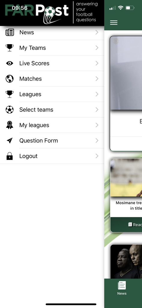 FARPost - El menú lateral de navegación de la app móvil FARPost que lista secciones como Noticias, Mis Equipos, Resultados en Vivo y Partidos.