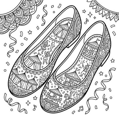 Step into a world of wonder with this unique adult coloring page featuring a pair of flats adorned with lively carnival and circus scenes. Unleash your artistic flair on these intricately detailed designs, perfect for a relaxing and creative escape.