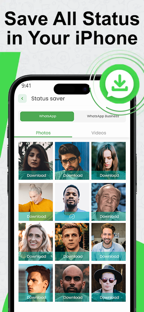 ProX : View once Photo Saver - Interfaz de la aplicación ProX que muestra la función de guardado de estados para fotos de WhatsApp en iPhone