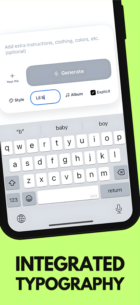 Interface do aplicativo móvel mostrando o recurso de tipografia integrado para adicionar o nome do artista a uma capa de álbum gerada por IA