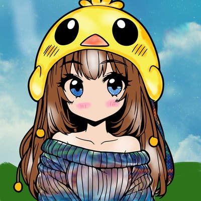 anime girl with chick shaped hat with sweater with bare shoulders with bangs covering them one eye with low tail