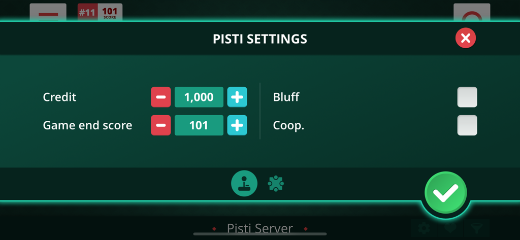The settings menu in the Pisti Online app showing options for credits game end score and bluff mode