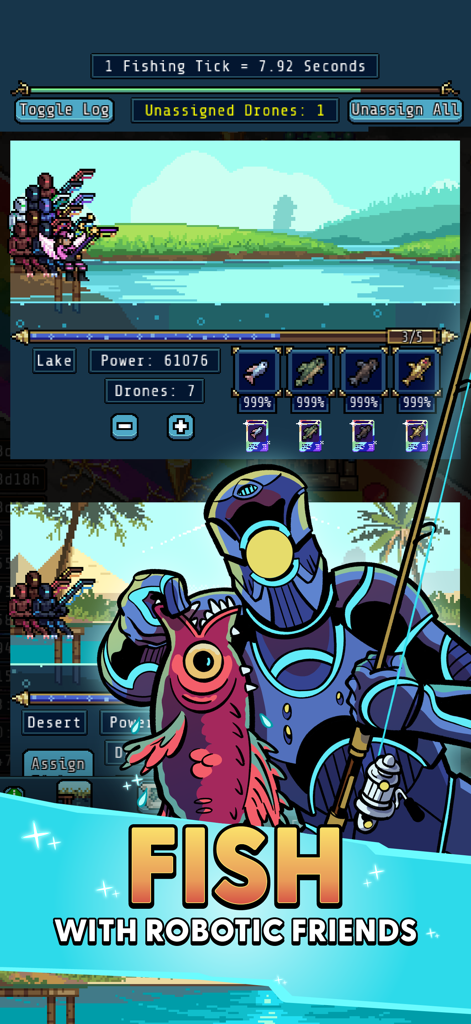 Idle Obelisk Miner - A screenshot from Idle Obelisk Miner showing robotic characters fishing with text that says fish with robotic friends