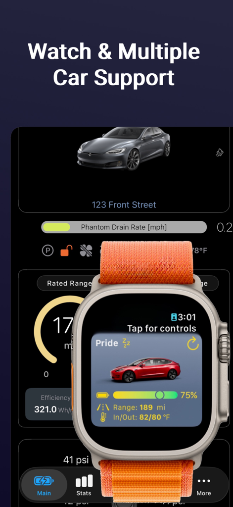 Stats -- For your Tesla - Stats app interface for Tesla showing vehicle status on an iPhone and Apple Watch