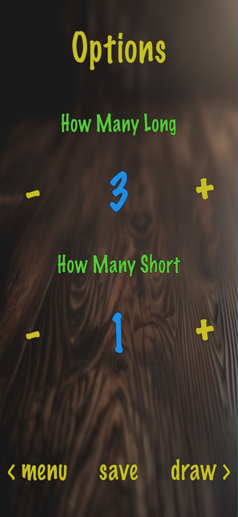 Draw Straws app options screen for selecting the number of long and short straws