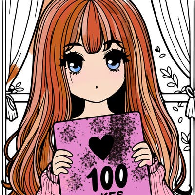 a girl with long hair and curtain bangs holding a 100 likes sign