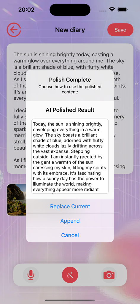 Vevee - Vevee app interface displaying an AI-polished version of a diary entry about a sunny day.