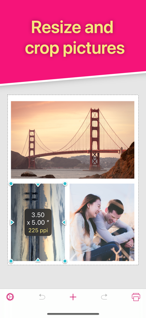 Interface of the Print to Size app showing multiple photos being resized and cropped on a single page for printing.