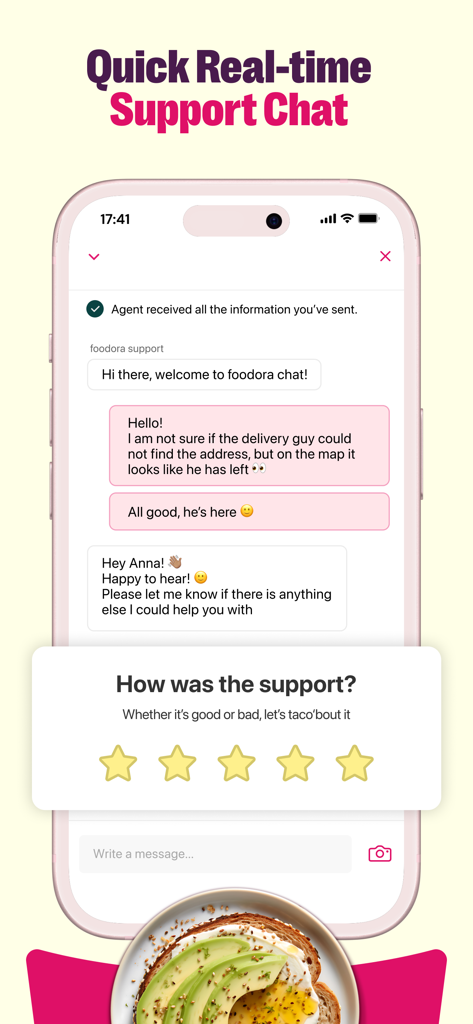 foodora AT: Food & Groceries - Foodora app real-time support chat and customer feedback rating