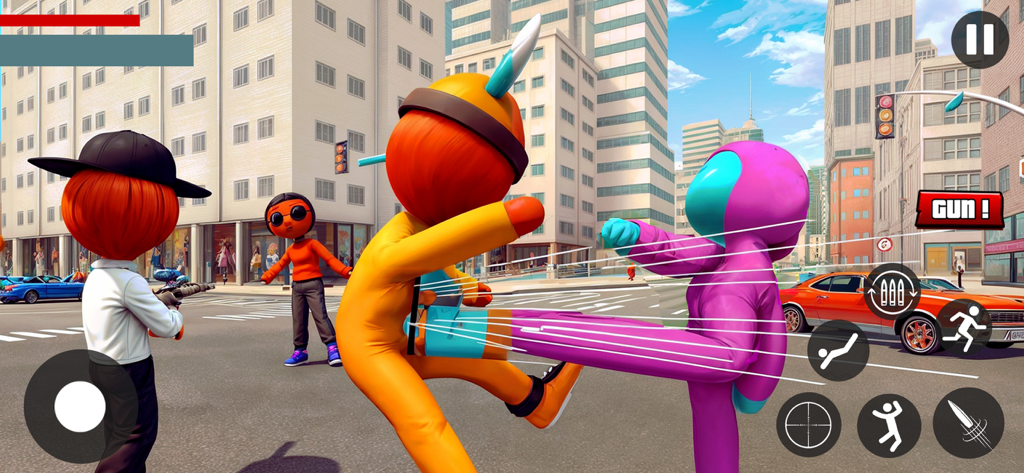 Crazy Stickman Hero Gangster - A 3D combat scene in the Crazy Stickman Hero Gangster game showing characters fighting in an urban street setting