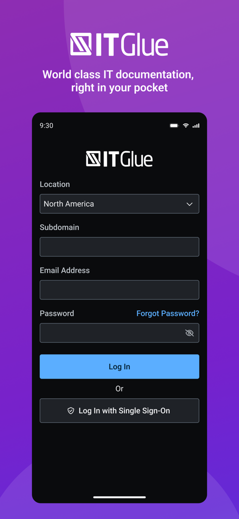 IT Glue mobile app login screen with email and single sign-on options