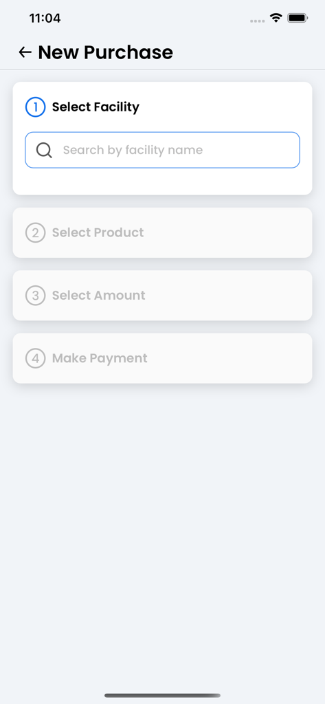 InmateSales - InmateSales app screen for selecting a facility as the first step of a new purchase