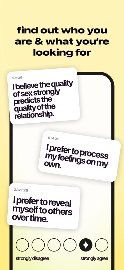 nectar dating by Jubilee - Nectar dating app interface showing a personality quiz with relationship questions and a strongly disagree to strongly agree scale.