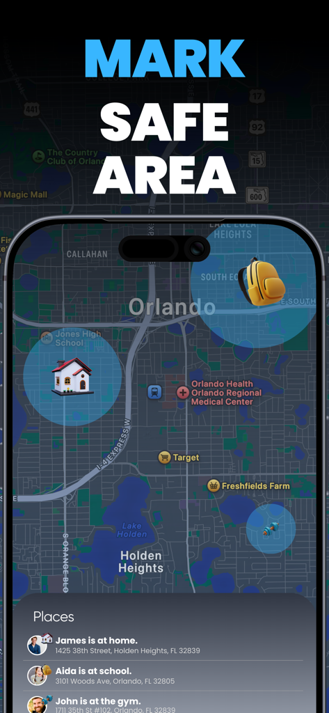 Phone Tracker - Track Location - Interface of Phone Tracker app showing marked safe areas on a map for family safety
