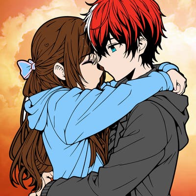 anime couple hugging