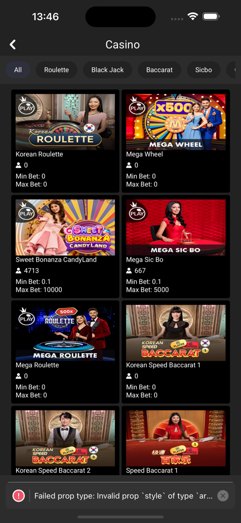 Una interfaz de la aplicación móvil de Raspa y Gana que muestra una variedad de juegos de casino con crupier en vivo como Korean Roulette y Mega Wheel.