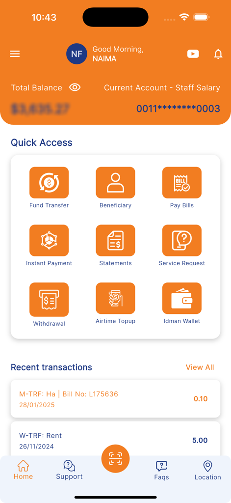Idman Wallet - Tableau de bord de l'application Idman Wallet avec des services bancaires tels que le transfert de fonds, le paiement de factures et les transactions récentes