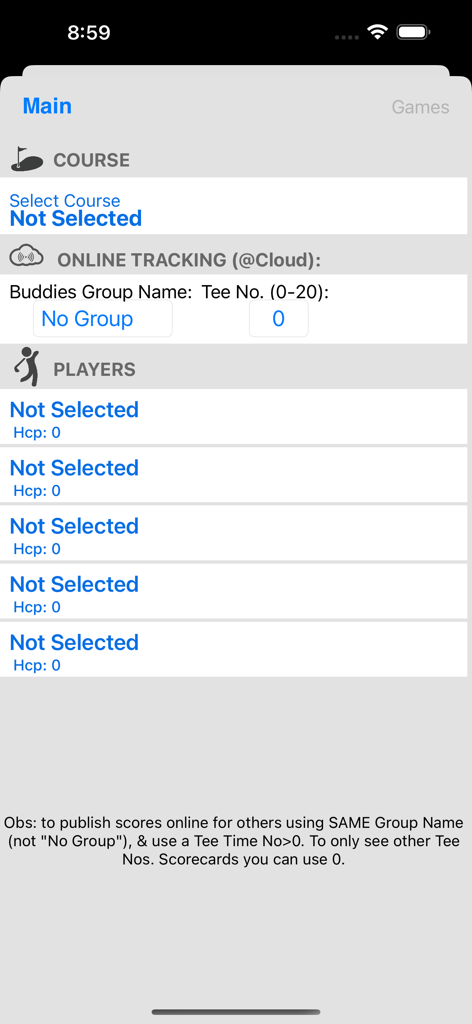 Main setup screen for Golf Buddies app showing course selection and player tracking sections