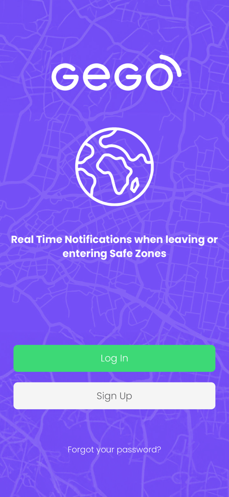 Tela de login e cadastro do aplicativo rastreador GPS GEGO com notificações de zona segura.