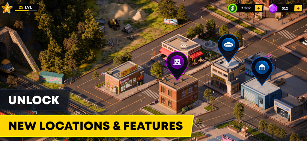 Mapa de la ciudad de PC Creator 3 mostrando edificios desbloqueables y características del juego