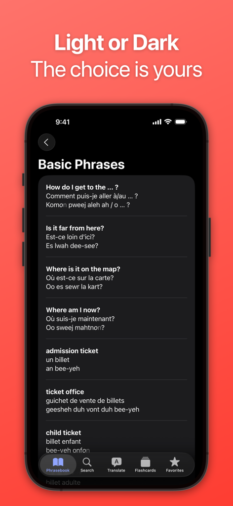SpeakEasy French: Phrasebook - SpeakEasy French app interface in dark mode displaying basic travel phrases with phonetic guides