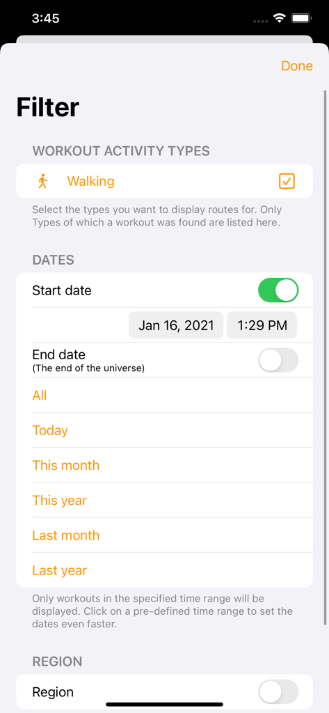 Schermata del filtro nell'app Workout Map che mostra le opzioni per tipi di attività e intervalli di date