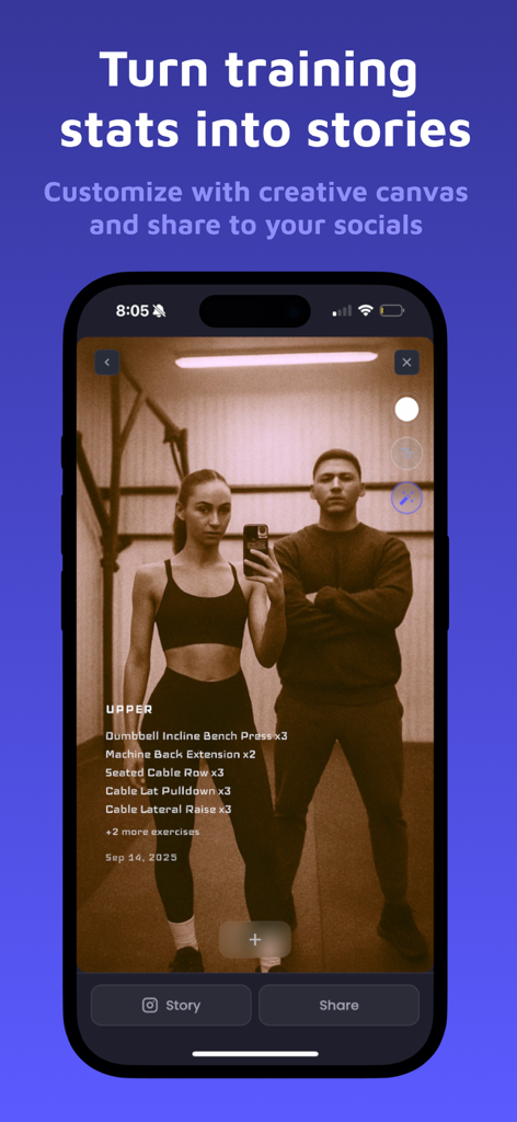 Spotr: Strength Training - A smartphone screen showing the Spotr app feature that turns workout statistics into shareable social media stories.