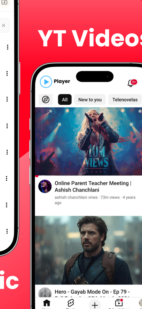 Tubidy FM : Music, Song Player - Una pantalla de smartphone mostrando la interfaz del reproductor de video de la app Tubidy FM con un feed de videos musicales en línea y filtros de categoría.