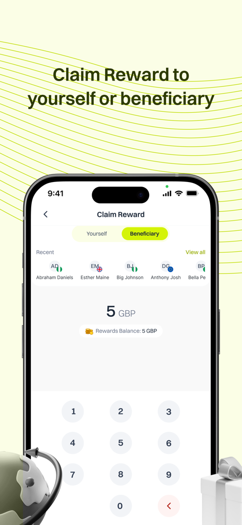 Prune Payments - Prune Payments mobile app screen showing options to claim rewards for yourself or a beneficiary