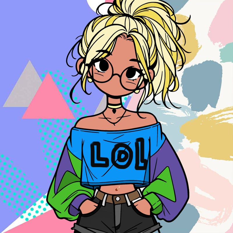 girl with a messy ponytail glasses a baggy crop top and jean shorts
