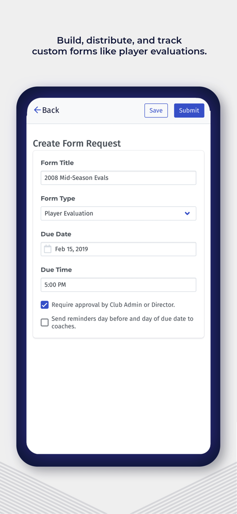 PlayMetrics - A mobile app screen for building and tracking custom player evaluation forms