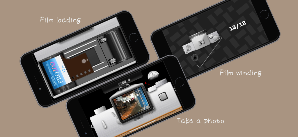 Interface of EE35 app showing retro film loading, winding, and photography simulation on mobile screens