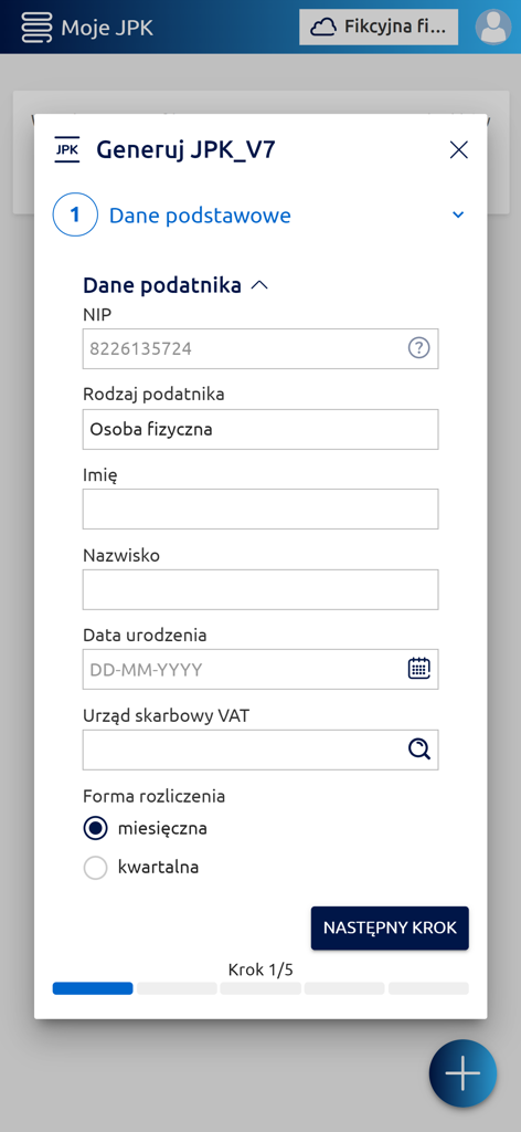 firmly - Uma interface de aplicativo móvel para inserir informações do contribuinte para gerar um arquivo fiscal JPK_V7.