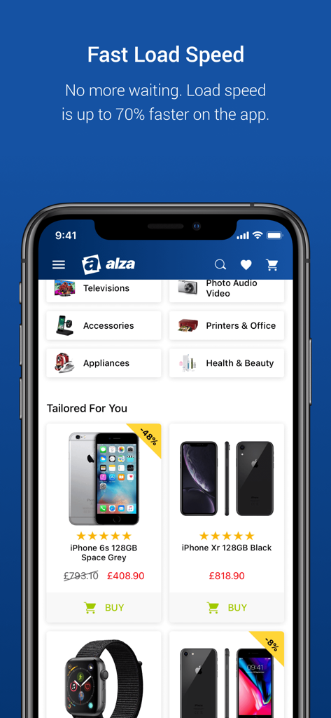 Tela de smartphone exibindo o aplicativo de compras Alza com categorias de eletrônicos e listagens de produtos de iPhone.