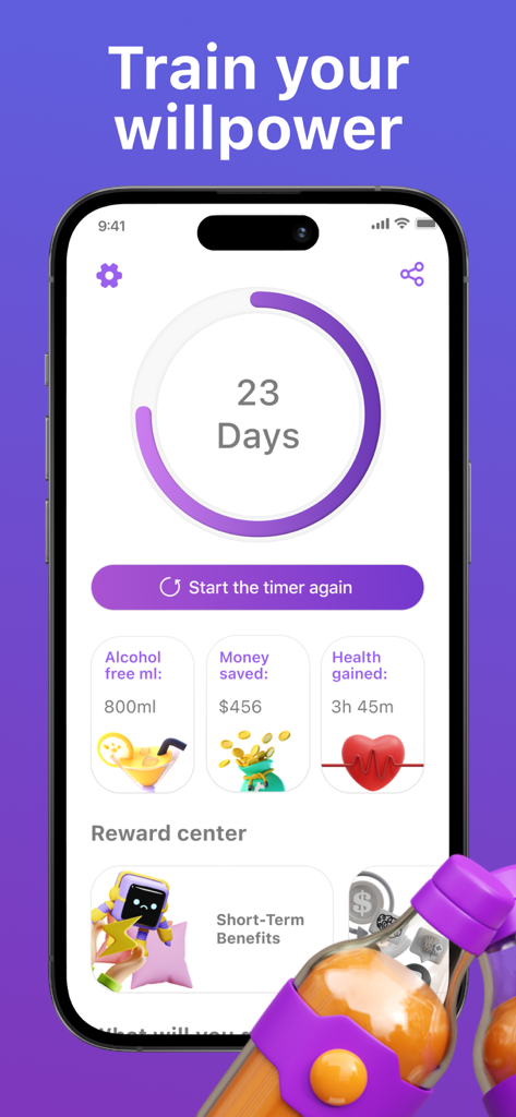 Sober Time app interface displaying sobriety progress and financial savings